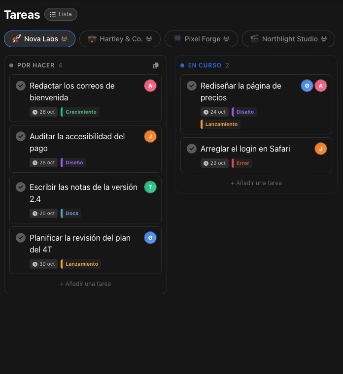 Un segundo compañero asignado a una tarjeta, dos subtareas añadidas y una etiqueta Docs elegida, todo desde la tarjeta del tablero Kanban