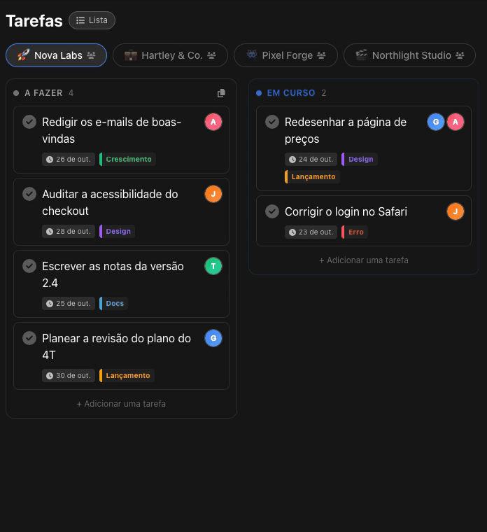 Um segundo colega atribuído a um cartão, duas minitarefas adicionadas e uma etiqueta Docs escolhida, tudo a partir do cartão do quadro Kanban