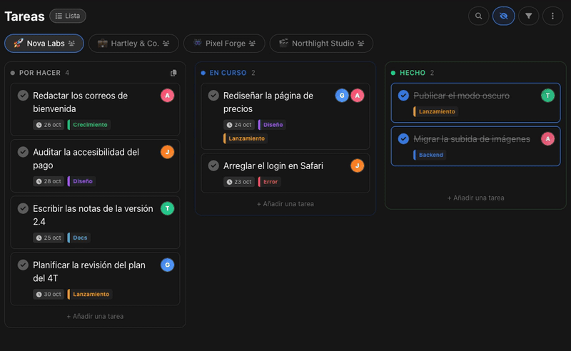 Cambio entre cuatro proyectos en BluePomodoro, cada uno con su propio tablero Kanban