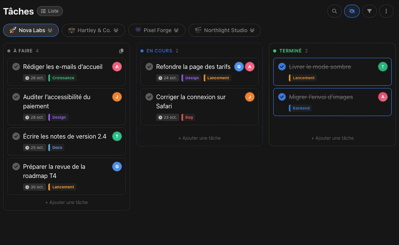 Passage entre quatre projets dans BluePomodoro, chacun avec son propre tableau Kanban