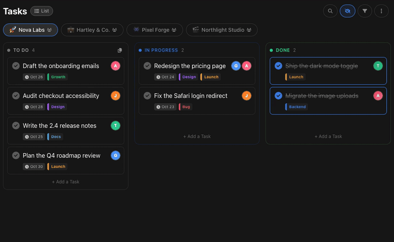Skift mellem fire projekter i BluePomodoro, hver med sin egen Kanban tavle