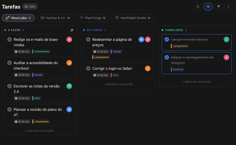 Mudança entre quatro projetos no BluePomodoro, cada um com o seu próprio quadro Kanban