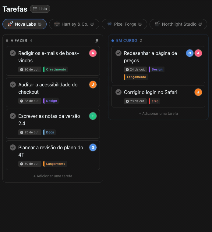 Uma tarefa escrita numa só linha com um colega, uma etiqueta e uma data, e criada como cartão na coluna A fazer