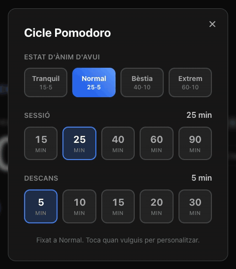 El selector de Cicle Pomodoro de BluePomodoro passant de Normal a Bèstia, Extrem i Tranquil, amb els minuts de concentració i pausa i el color canviant cada vegada