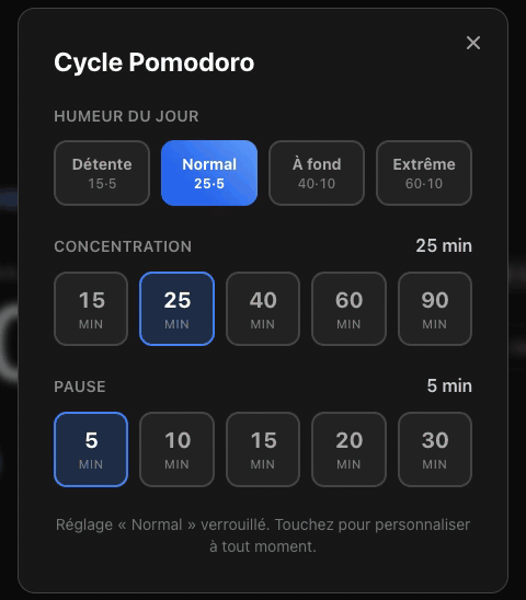Le sélecteur de Cycle Pomodoro de BluePomodoro passant de Normal à À fond, Extrême puis Détente, avec les minutes de concentration et de pause et la couleur qui changent à chaque fois
