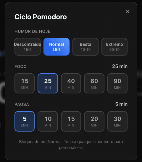 O seletor de Ciclo Pomodoro do BluePomodoro a passar de Normal para Besta, Extremo e Descontraído, com os minutos de concentração e pausa e a cor a mudar de cada vez