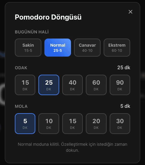 BluePomodoro Pomodoro Döngüsü seçicisi; Normal’den Canavar’a, Ekstrem’e ve Sakin’e geçerken odak ve mola dakikaları ile renk her seferinde değişiyor