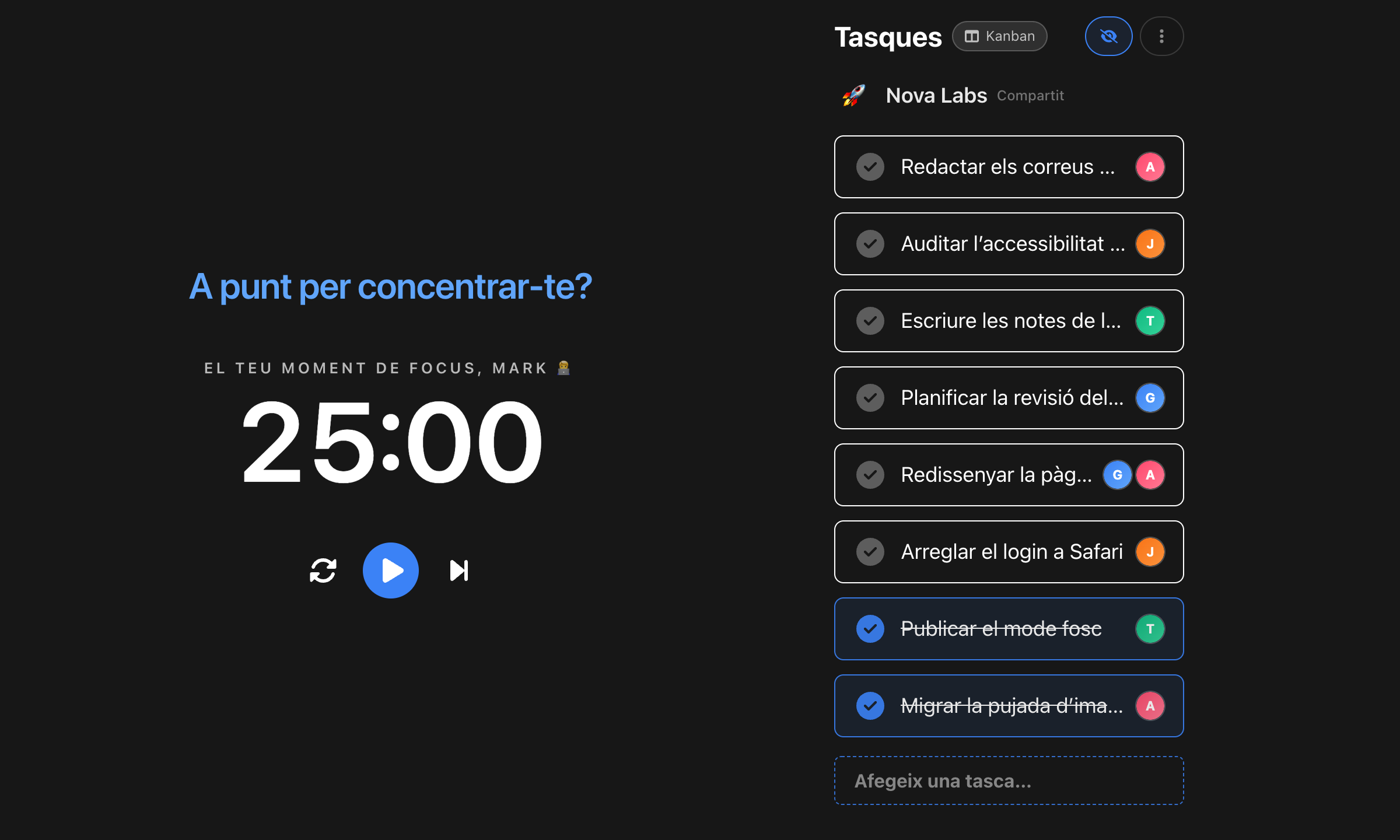 El temporitzador de BluePomodoro a punt per iniciar un cicle de concentració de 25 minuts, amb la llista de tasques al costat