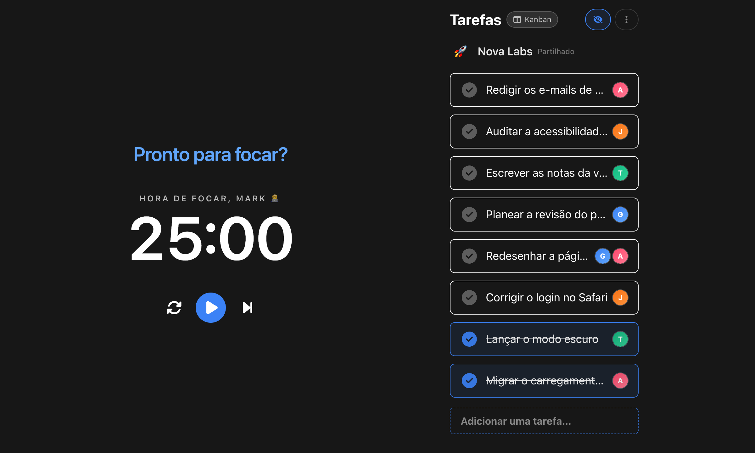 O temporizador do BluePomodoro pronto para iniciar um ciclo de concentração de 25 minutos, com a lista de tarefas ao lado
